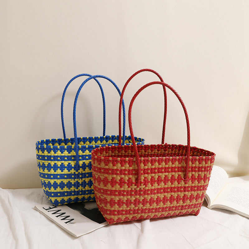 Braided Raffia Basket with Colorful Contrast Stripe Skanto