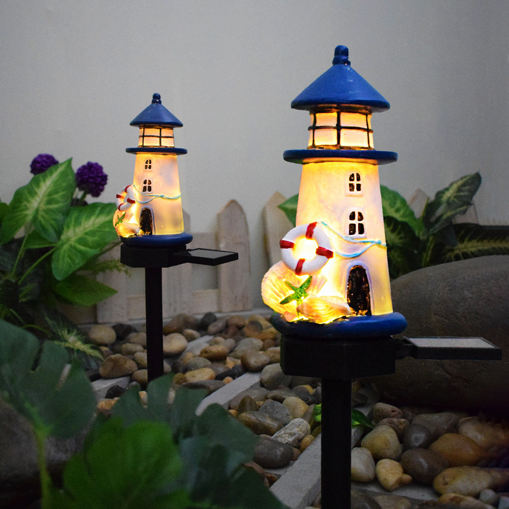 Resin Fyrtårn LED Hage Stake Lampe Med Innebygd Solcellepanel Og Livbøye Ornament Skanto
