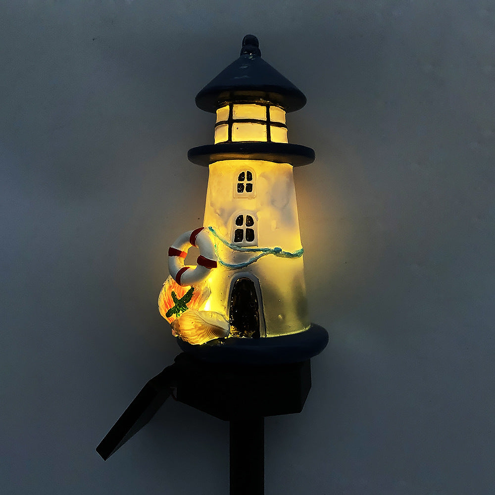 Resin Fyrtårn LED Hage Stake Lampe Med Innebygd Solcellepanel Og Livbøye Ornament Skanto
