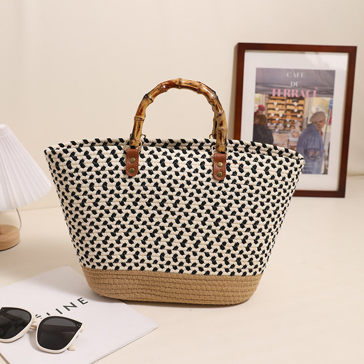Elegant Straw Shopper with Bamboo Handles Skanto