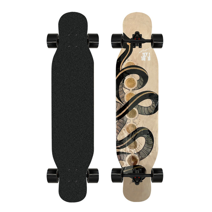 Kunstnerisk løveprydet longboard Skanto
