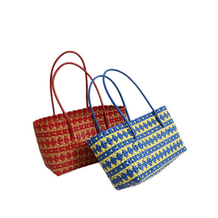 Braided Raffia Basket with Colorful Contrast Stripe Skanto