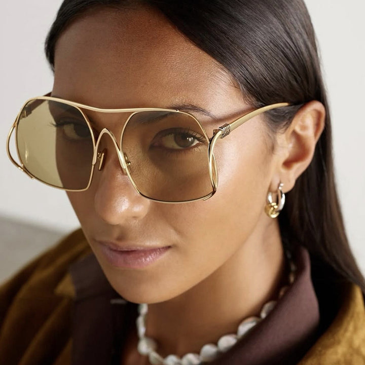 Women's geometric sunglasses with narrow metal frame and brown lenses Skanto