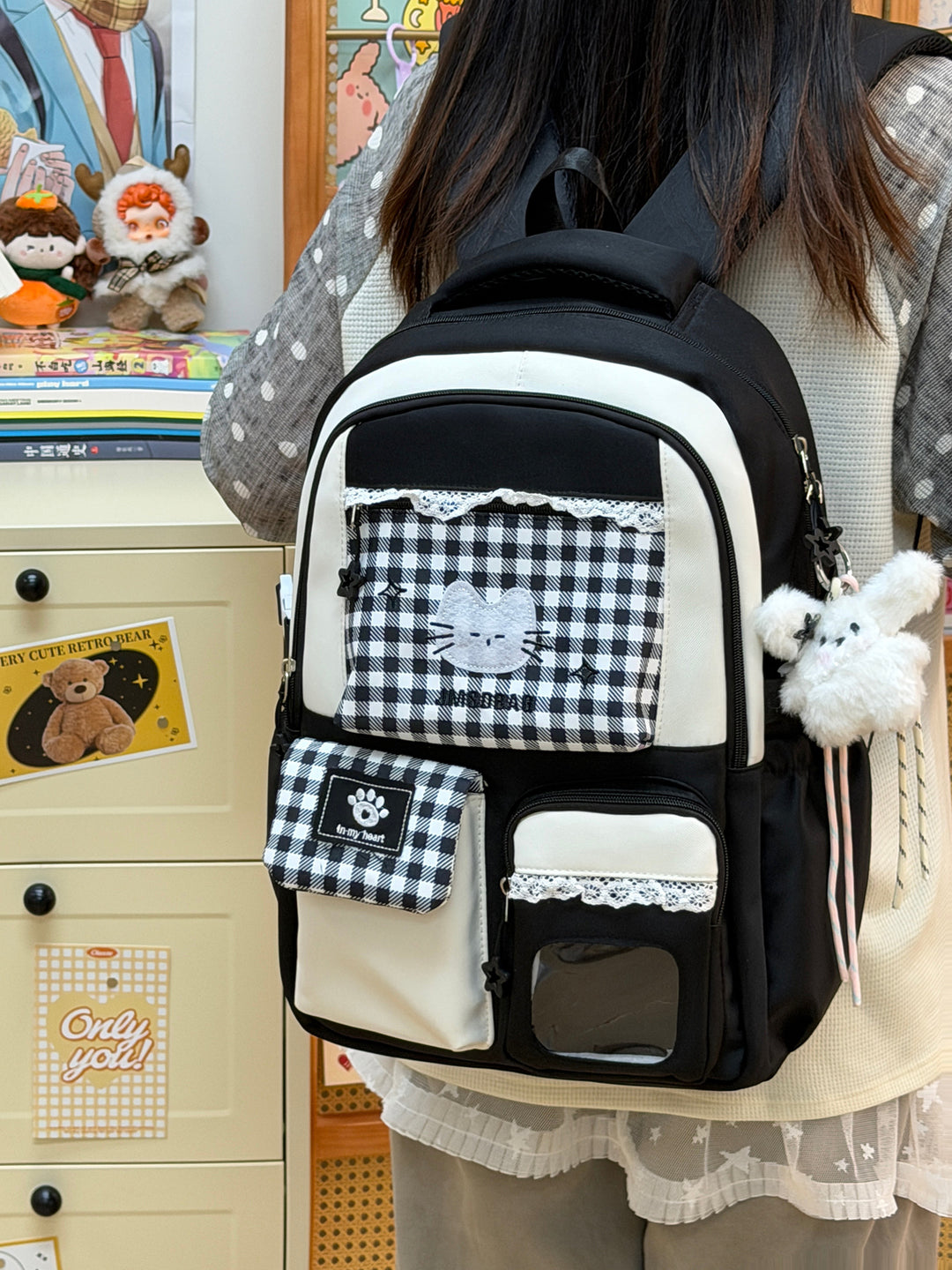 Anime-inspirert katte-tema skole ryggsekk