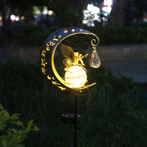 Crescent Moon Solar Hage Stake Lys Med Roterende Sprukket Glass Orb Og Sommerfugl Accent Skanto