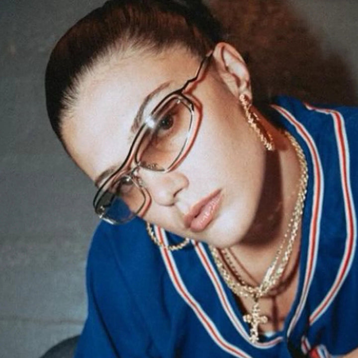 Women's futuristic sunglasses with elegant metal frame and high transparent lenses Skanto