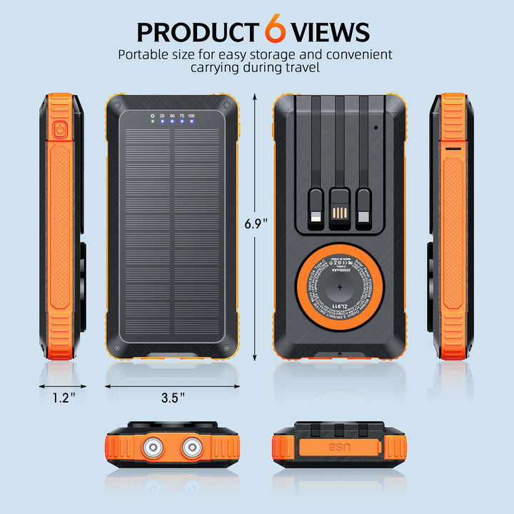 Solar Powerbank med multifunksjonelt LED-lys og integrert ladekabel Skanto