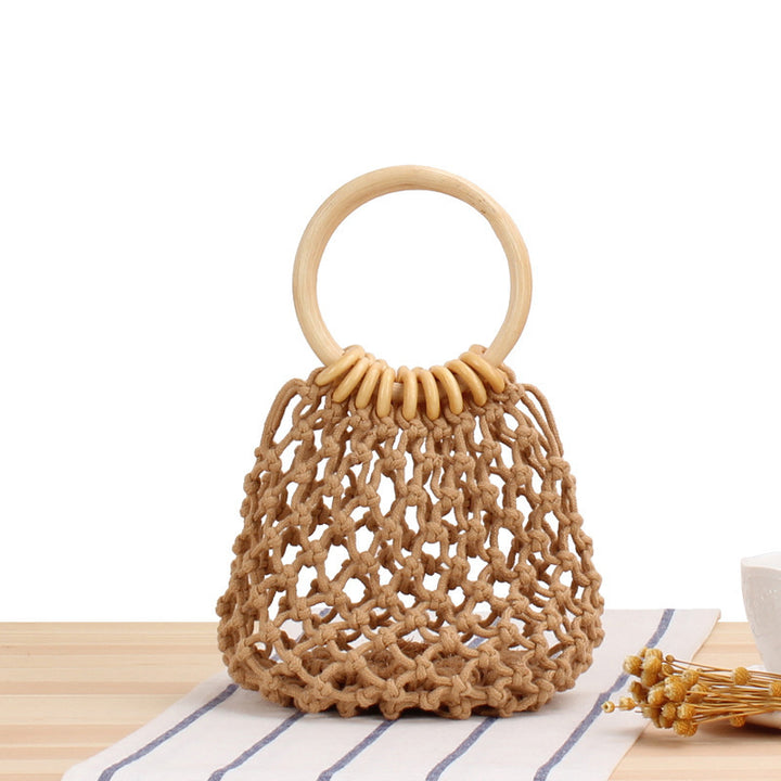 Tote bag with hand-knotted net design and wooden handle Skanto