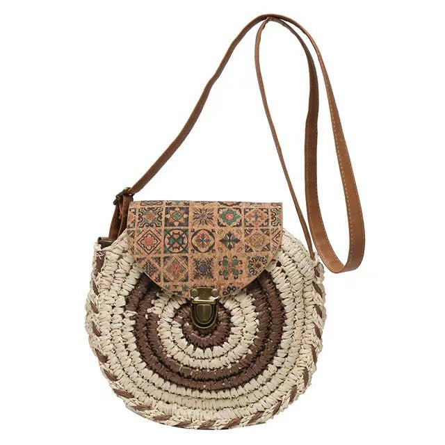 Round straw bag with adjustable leather strap Skanto