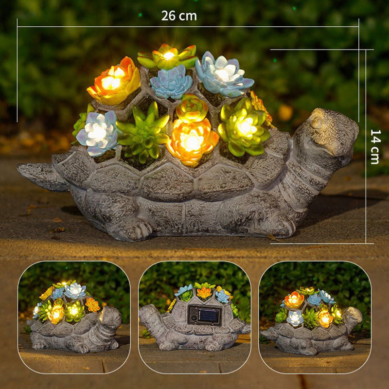 Solar Turtle Saueplanter Med LED Lys Teksturerte Harpiks Hage Statue Skanto