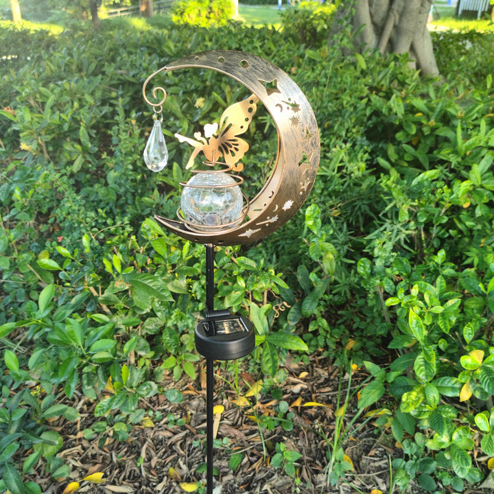 Dekorativ halvmåne solhage stake lampe med hengende krystallorb og sommerfugl Skanto