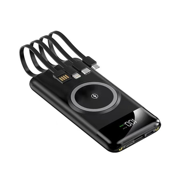 Bærbar powerbank med trådløs ladingsfunksjon og multifunksjonskabel Skanto