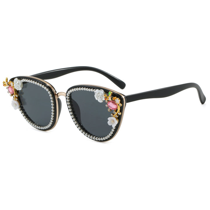 Dame Glamourøse Cat-Eye Solbriller med florale dekorasjoner Skanto