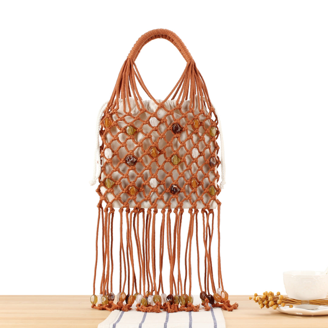 Macrame Tote Bag with Colorful Beads and Decorative Fringe Skanto
