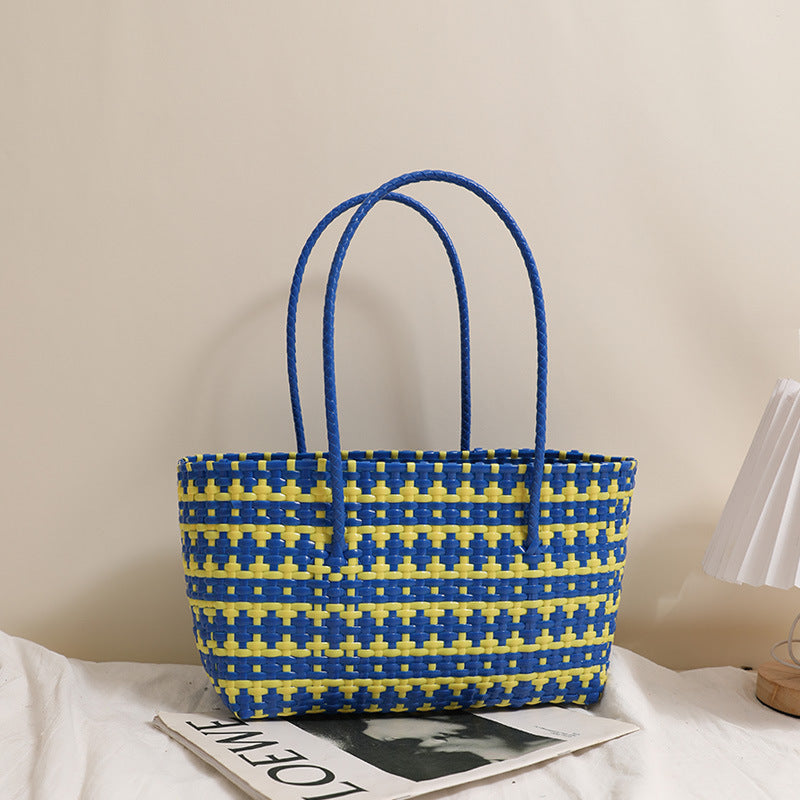Braided Raffia Basket with Colorful Contrast Stripe Skanto