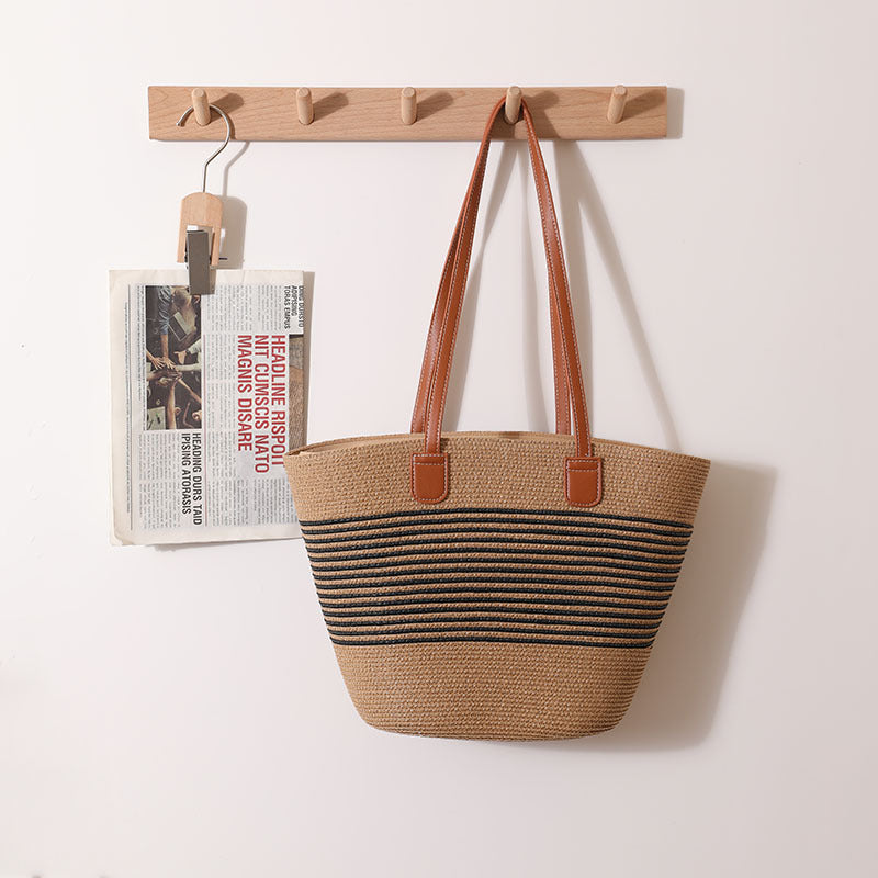Elegant Raffia Tote Bag with Leather Handles Skanto