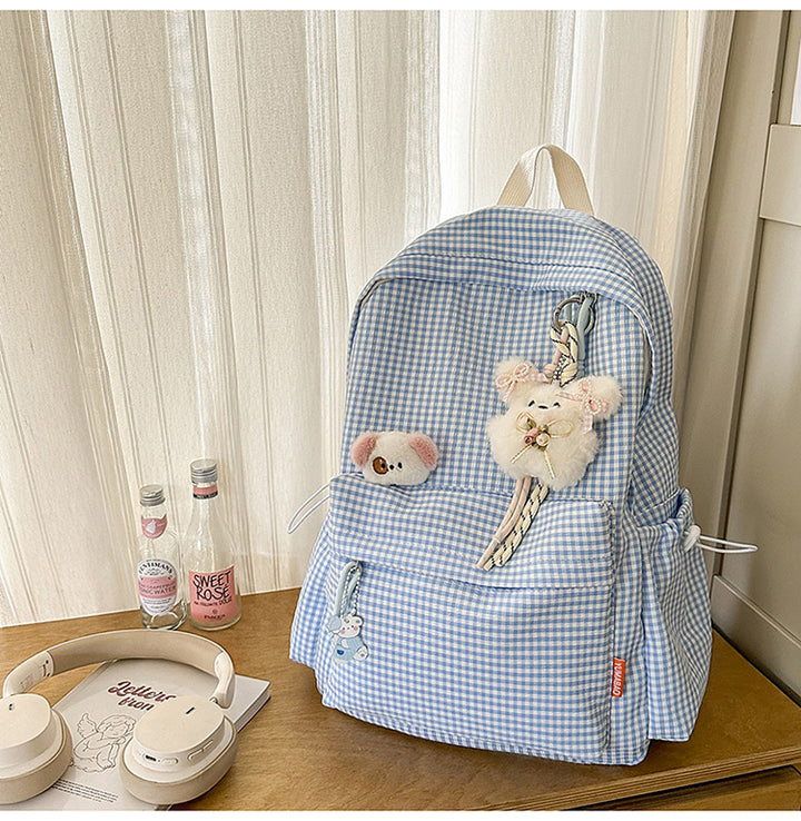 Søt Gingham Print Plysj Skole Rygsekk