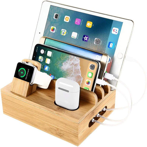Skanto | Tekavo Bamboo Laderstasjon – 5-Port USB Organisator med Kabelsett