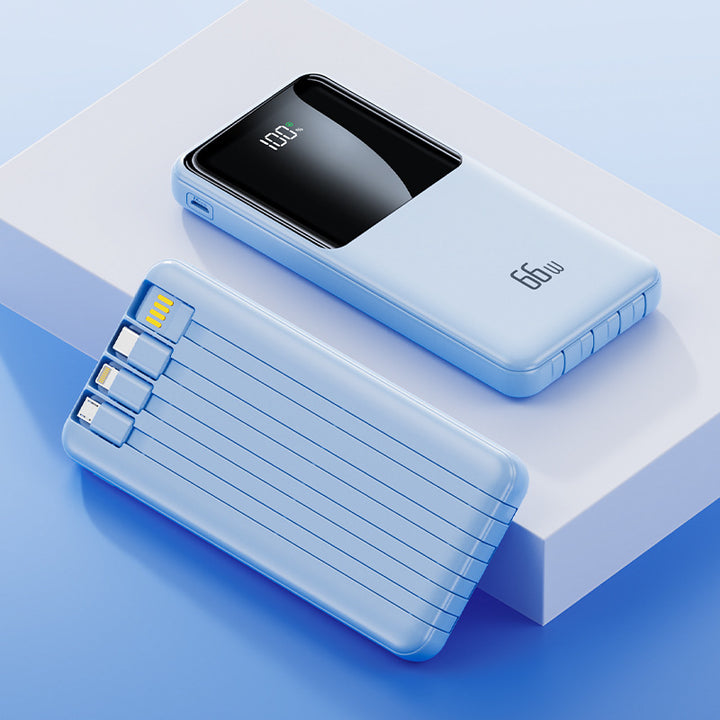 Bærbar powerbank med integrerte ladekabler og LED-batteristatusindikator Skanto