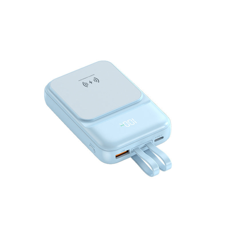 Bærbar powerbank med trådløs ladefunksjon og integrert ladekabel Skanto