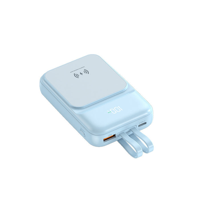 Bærbar powerbank med trådløs ladefunksjon og integrert ladekabel Skanto
