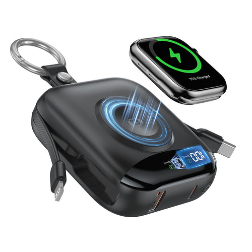 Bærbart induktivt ladeapparat med integrert batteri og LCD-skjerm Skanto