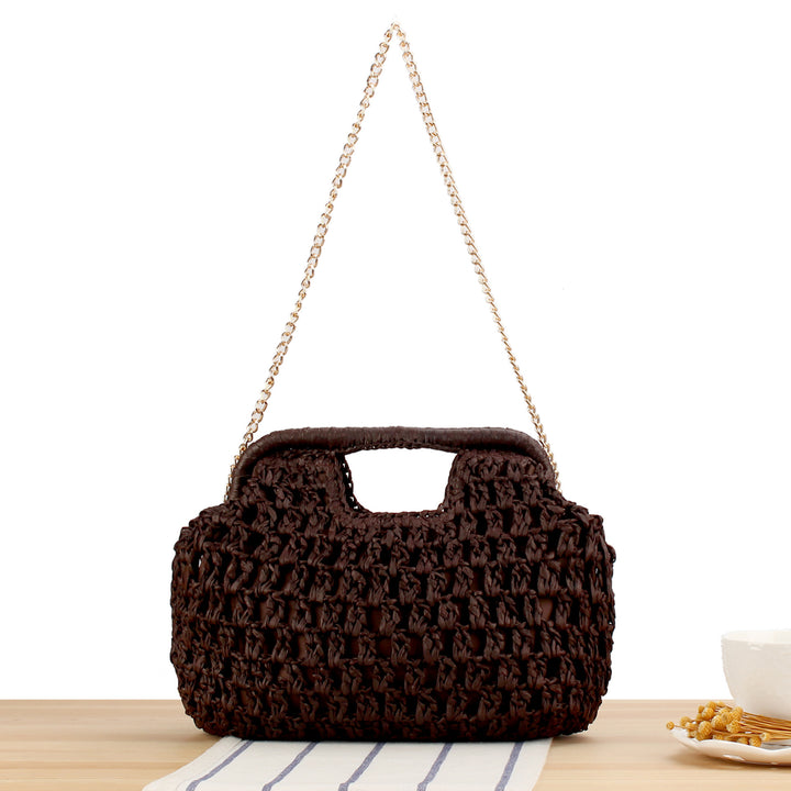 Beach shoulder bag made of natural weave with elegant chain decoration Skanto