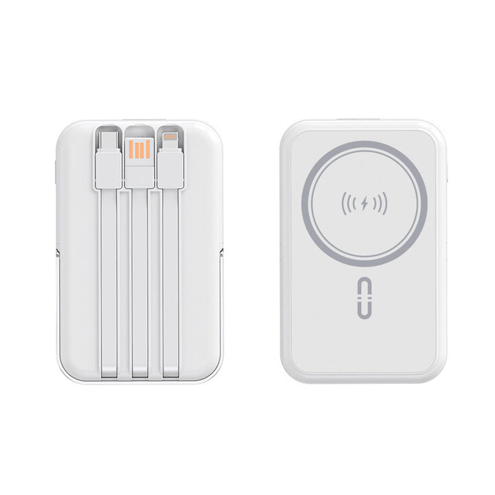 Bærbar powerbank med integrert kabelfunksjon og trådløs ladeopplevelse Skanto