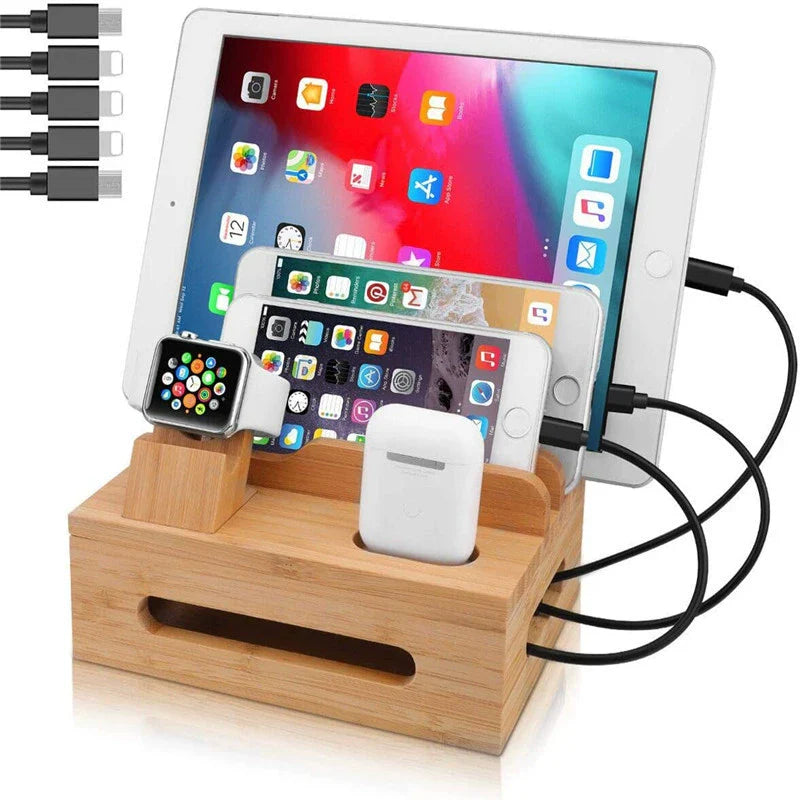 Skanto | Tekavo Bamboo Laderstasjon – 5-Port USB Organisator med Kabelsett