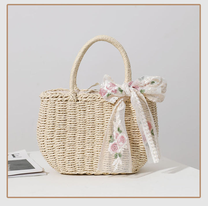 Elegant Straw Bag with Flower Bow Detail Skanto