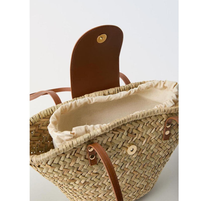 Handmade basket bag with leather flap Skanto