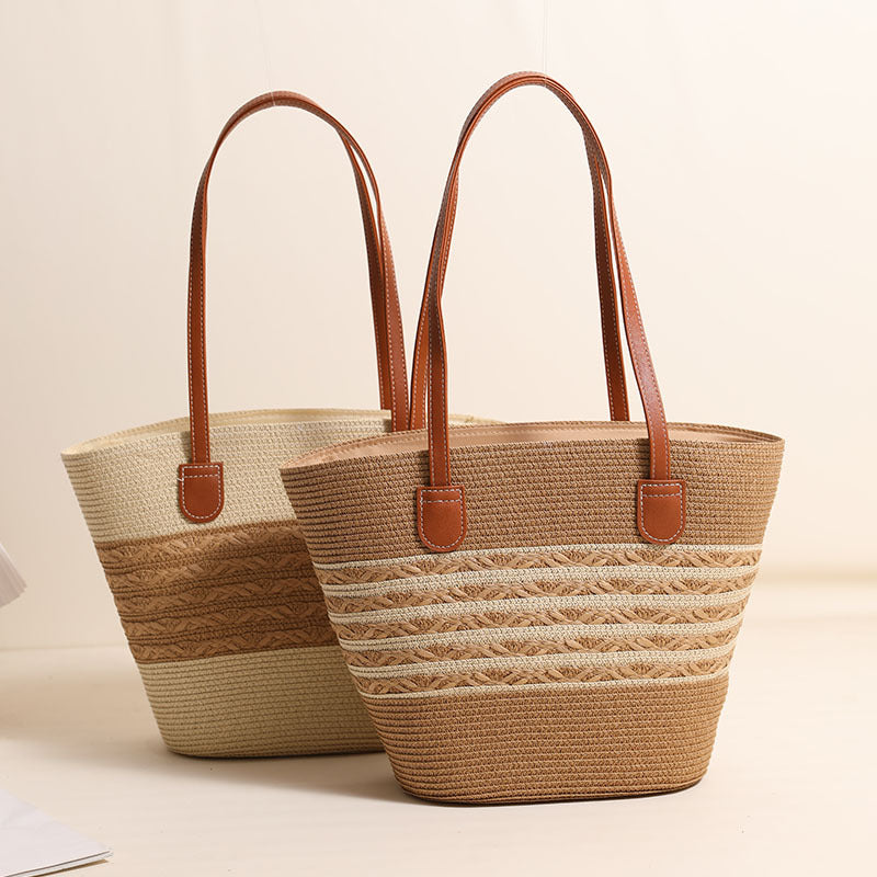 Elegant Raffia Tote Bag with Leather Details Skanto