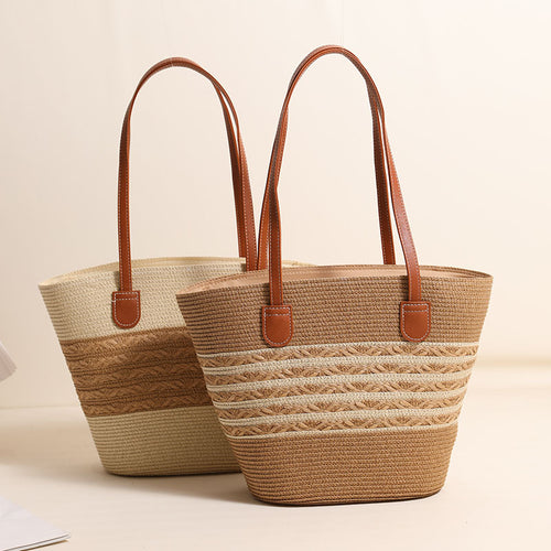 Elegant Raffia Tote Bag with Leather Details Skanto