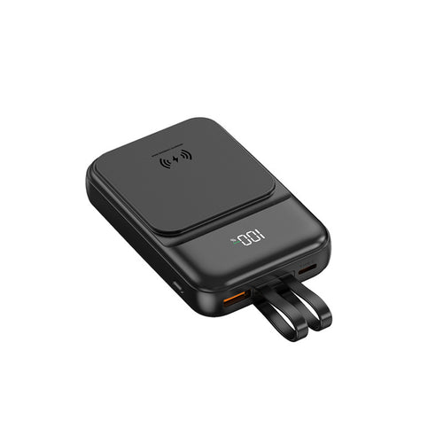 Bærbar powerbank med trådløs ladefunksjon og integrert ladekabel Skanto