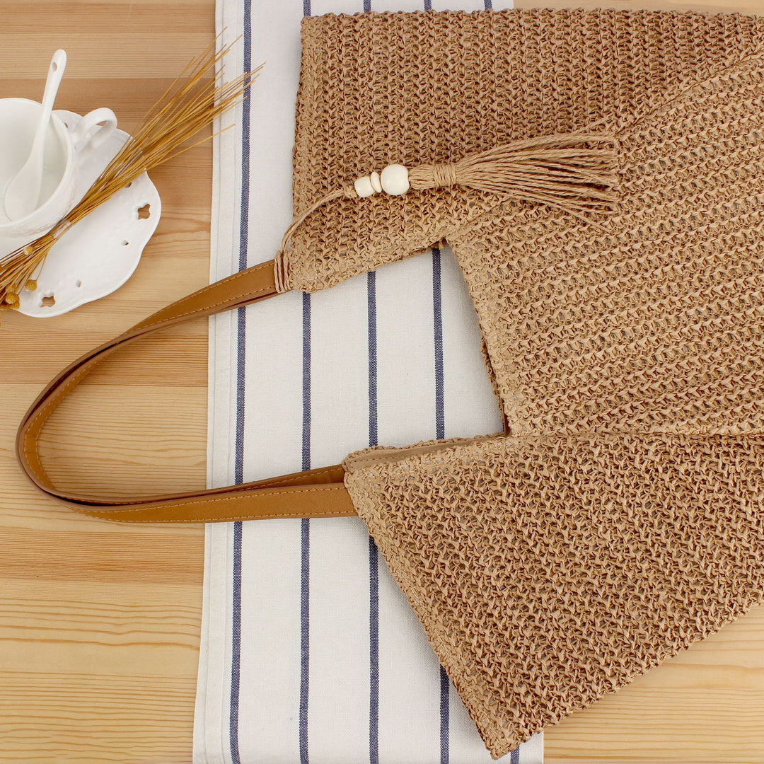 Woven Natural Straw Tote Bag with Leather Accents Skanto