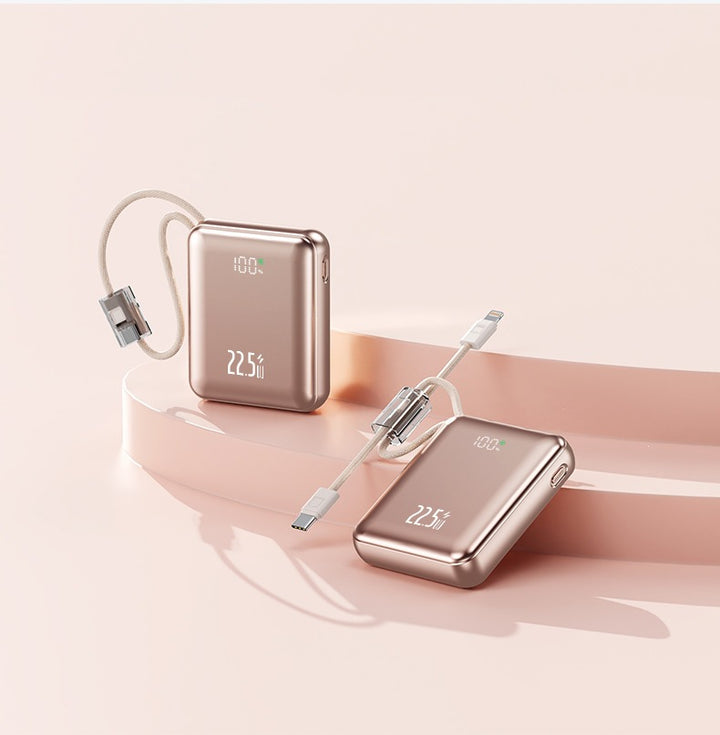 Kompakt powerbank med digital effektindikator og innebygd ladekabel Skanto