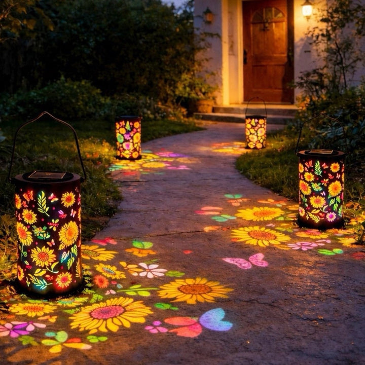 Solarlampe med solros blomster metall sylinder og hengende håndtak Skanto