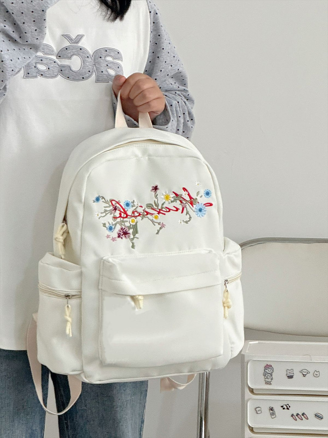 Blomsterbrodert Skole Ryggsekk