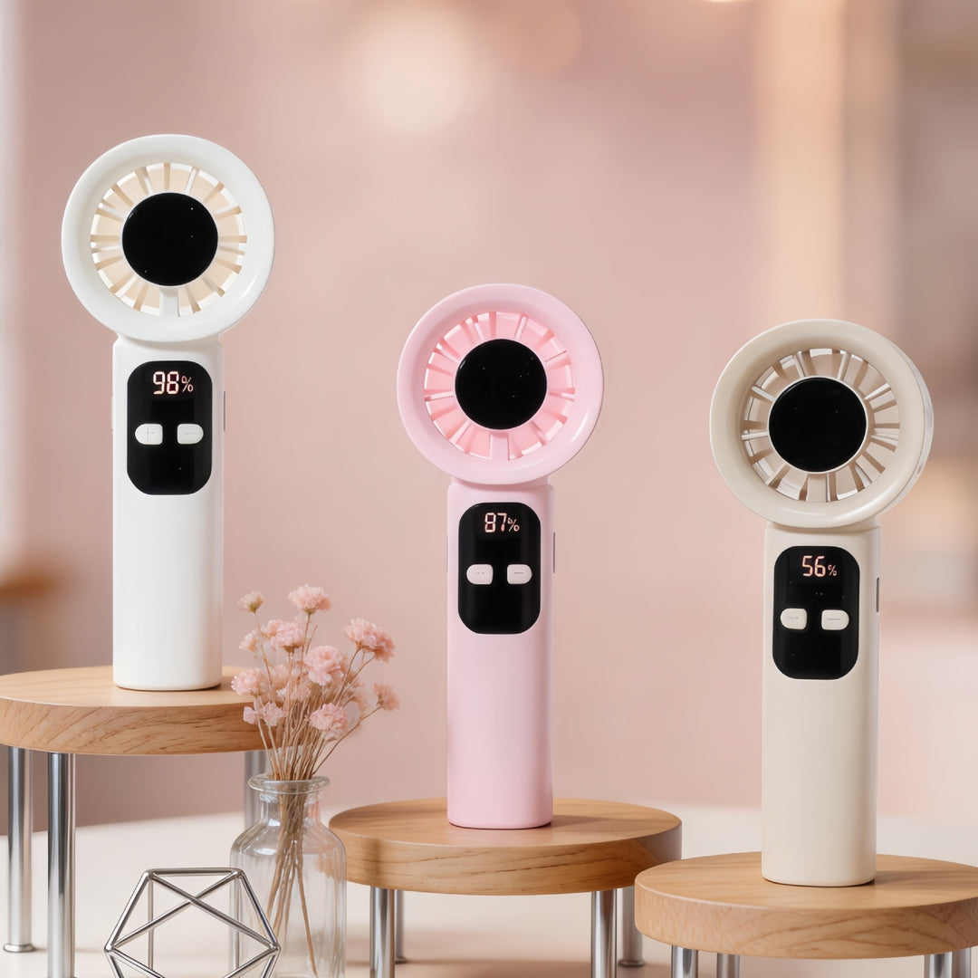 Bærbar håndvifte med digitalt display og USB-tilkobling Skanto