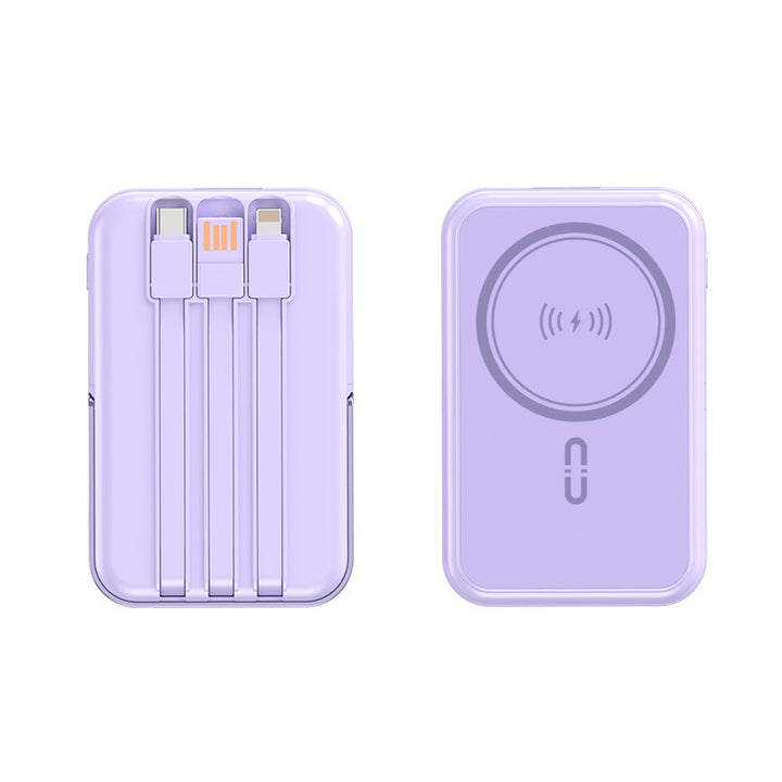 Bærbar powerbank med integrert kabelfunksjon og trådløs ladeopplevelse Skanto
