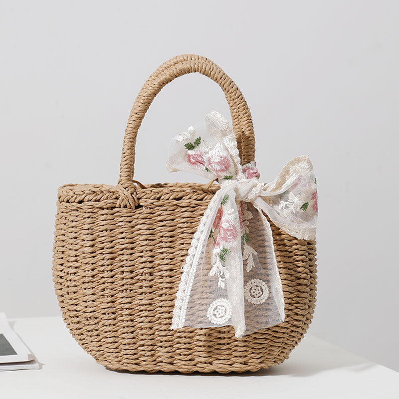 Elegant Straw Bag with Flower Bow Detail Skanto