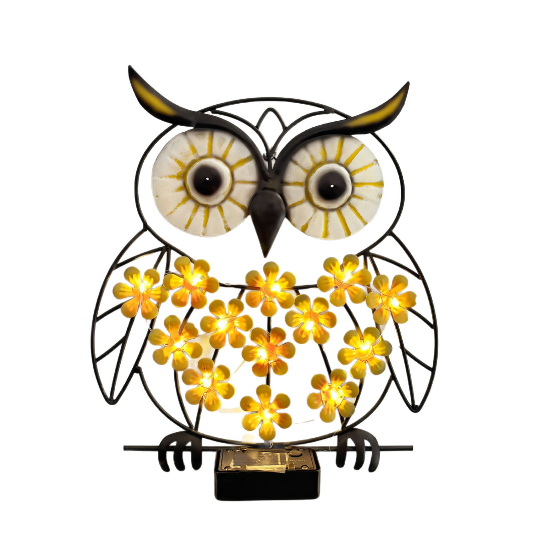Metallisk Ugle Veggkunst Med Solenergidrevne LED Blomsterlys Og Jernramme Skanto