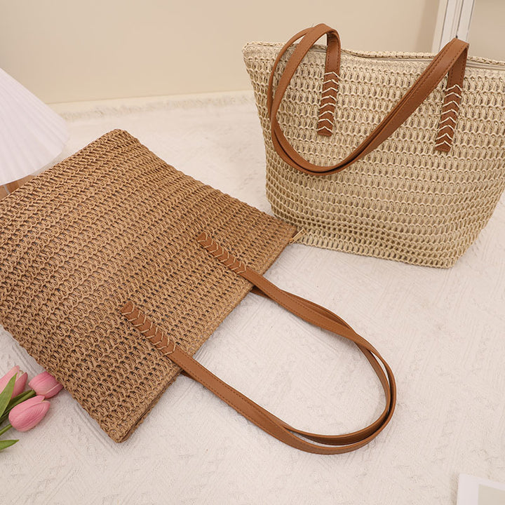 Giant tote bag made of braided raffia with leather handles Skanto