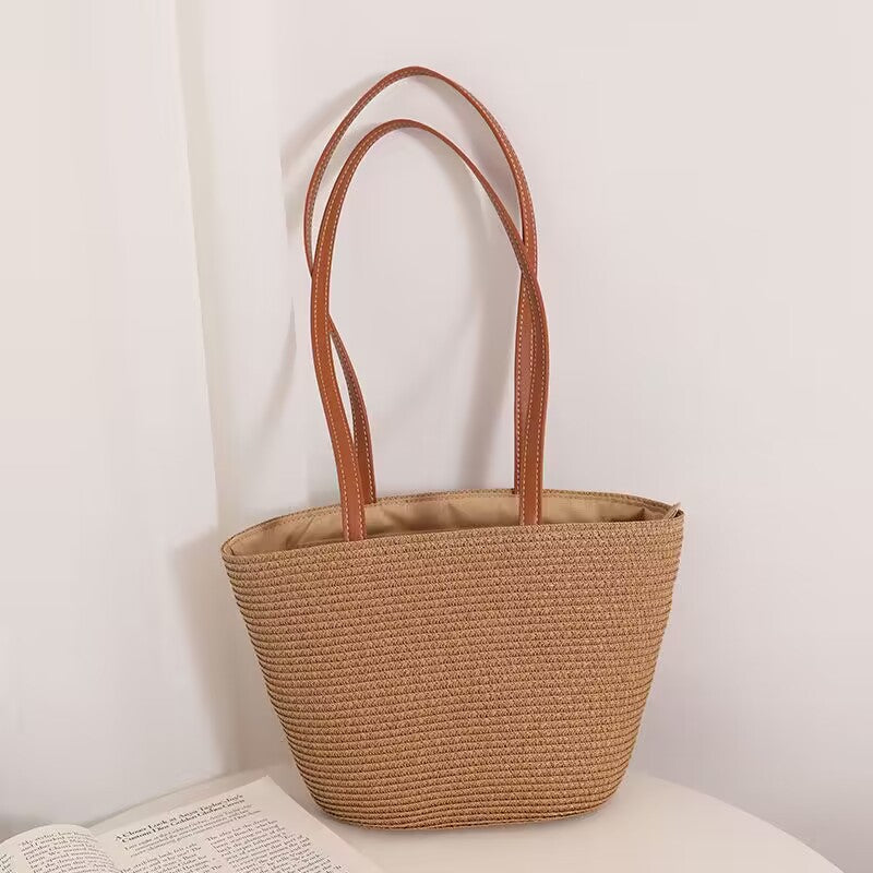Elegant Raffia Tote Bag with Leather Handles Skanto