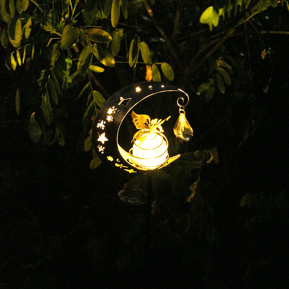 Dekorativ halvmåne solhage stake lampe med hengende krystallorb og sommerfugl Skanto