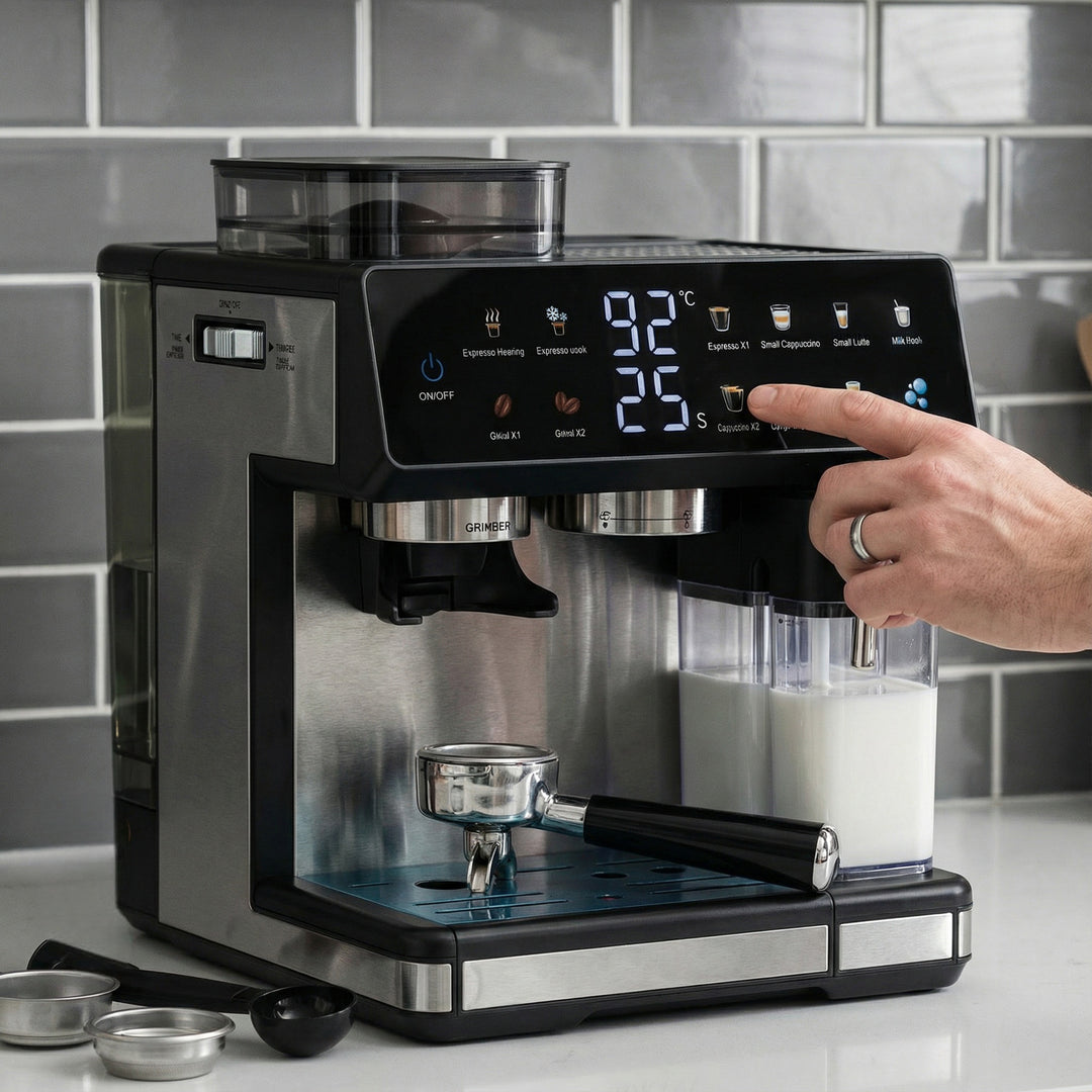 Espressomaskin med integrert kvern, automatisk temperaturkontroll og programmerbare kaffestyrker Skanto