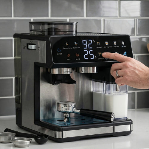 Espressomaskin med integrert kvern, automatisk temperaturkontroll og programmerbare kaffestyrker Skanto