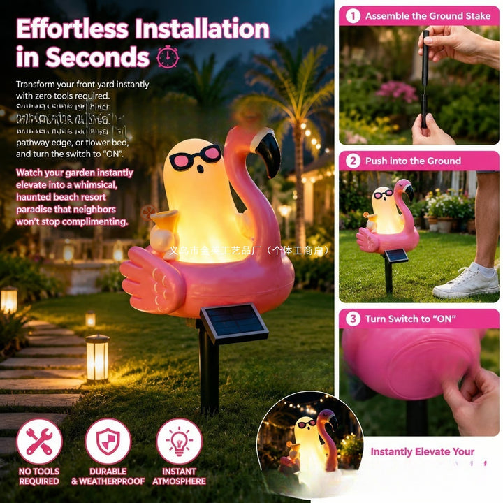 Eventyrlig solflamingo hage stake lanterne med integrert LED-karakter og bakkenagel Skanto