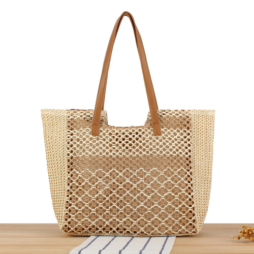 Tote bag made of woven natural material with elegant leather handles Skanto