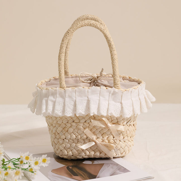 Handmade basket bag with delicate ruffles and ribbon Skanto
